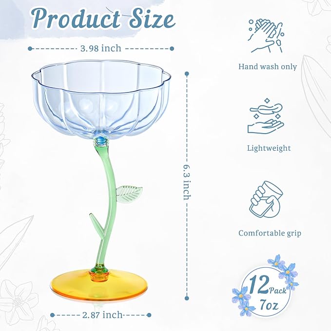 12 Pcs Blue Plastic Ribbed Coupe Glasses Detachable 7oz Flower Cocktail Glasses Modern Wavy Plastic Cocktail Coupes Disposable Martini Glasses Mimosa Glassware champagne goblets (12, Blue) - Image 2
