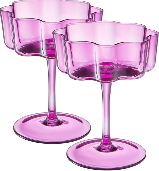 Khen Flower Vintage Wavy Glass Coupes Martini, Champagne & Cocktail Coupes - Set of 2-7oz Colorful Cocktail Glasses & Champagne, Prosecco, Mimosa Glassware Copyright Design - Amethyst Purple - Image 8
