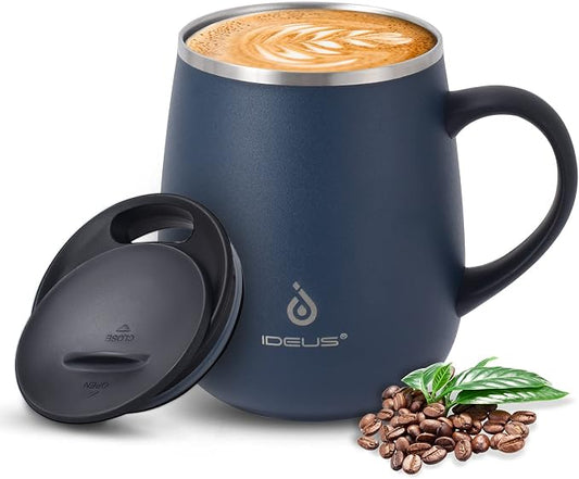 Ideus 16 oz Insulated Coffee Mug with Handle and Lid, Double Wall Stainless Steel Vacuum Thermal Coffee Mug, Travel Coffee Cup Thermal Cup for Home and Office, Navy Blue by IDEUS