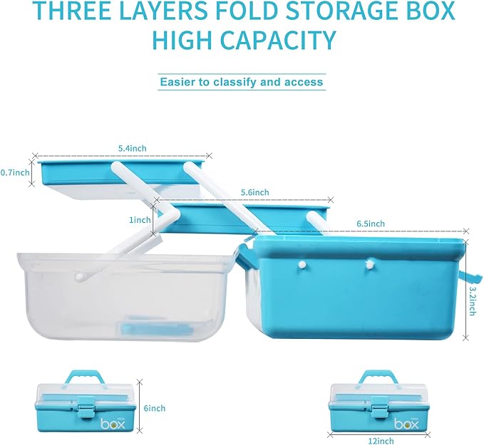 12in 3-Layer Plastic Craft Organizers and Storage, Portable Folding Tackle Box with Handle & Adjustable Dividers, Multipurpose Case for Sewing, Art Supplies, Medicine, Tools (Blue)
