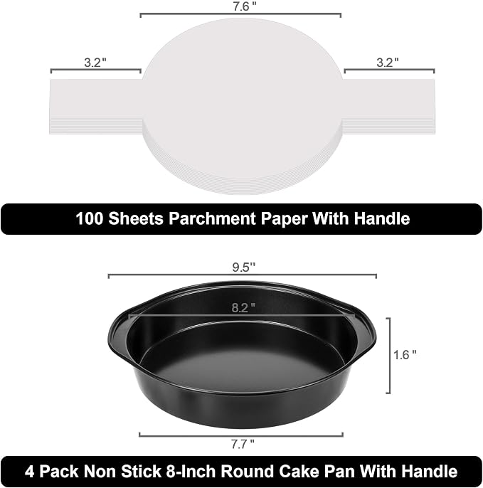 8 Inch Cake Pan, Nonstick 4 Pack Round Cake Pans with 100 Parchment Paper | Cake Pans 8 Inch for Birthday Christmas, Sturdy Circle Cake Pan Sets with Handle for Baking Layer Cakes, Dishwasher Safe - Image 2