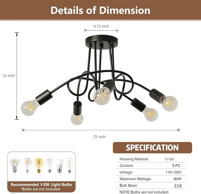 Modern Farmhouse Chandelier,25 Inch 5 Light Sputnik Semi Flush Mount Ceiling Light, Metal Black Rustic Light Fixture for Dining Room Bedroom Kitchen Hallway Entryway - Image 4
