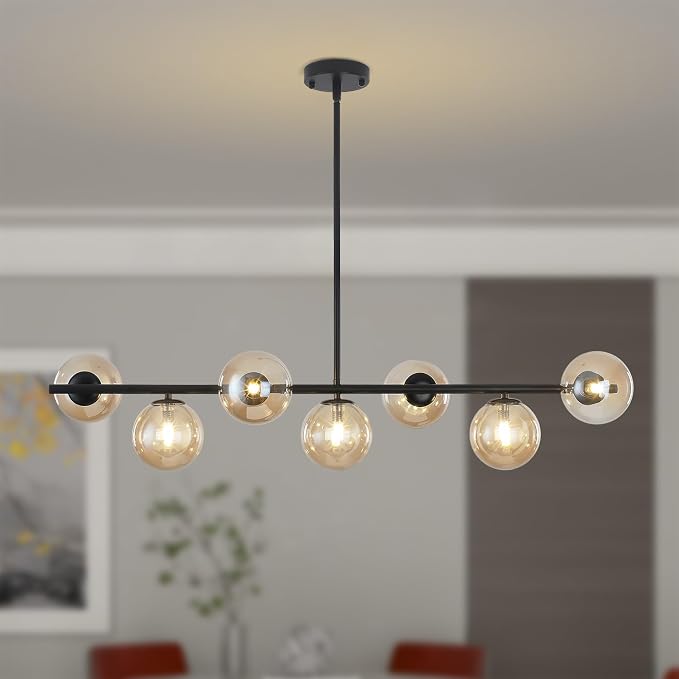 Mid Century Modern Linear Chandelier, 7-Light Black Pendant Light with Amber Glass Globes, Dimmable Kitchen Island Lighting Dining Room Light Fixtures Over Table for Living Room, Entryway & Bedroom by PUZHIHOME