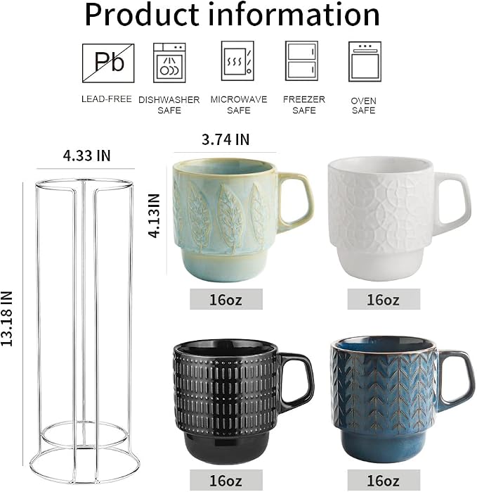 KOOV Ceramic Coffee Mug Set with Stand, 16 oz Coffee Mugs for Coffee, Tea, Cocoa, Stackable Ceramic Coffee Cup Set of 4, Large Mug Set of 4, Drinking Vessels for Women, Men (Blueset) - Image 4