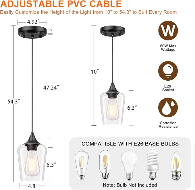 Ralbay Matte Black Industrial Pendant Light 2-Pack, Pendant Light Fixtures with Wine Clear Glass Shade, Adjustable Height for Kitchen Island, Farmhouse Dining Room Hanging Lighting Fixture - Image 2
