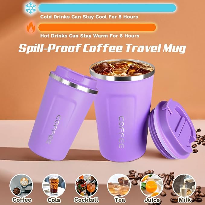 SPLMIFA Travel coffee mugs leak-proof, reusable coffee cup with lid, stainless steel vacuum insulated coffee tumblers, thermal insulation cups for men & women keep drinks hot & cold (2nd-Purple, 12OZ) - Image 2