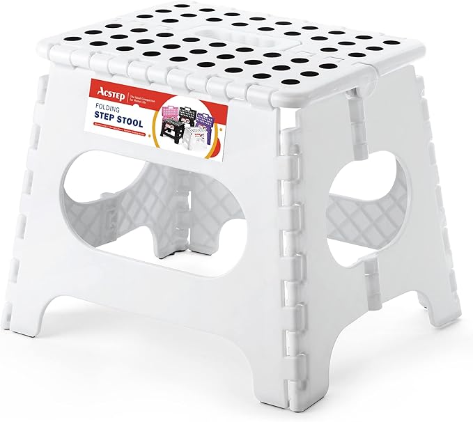 ACSTEP 11 Inch Folding Step Stool for Kids, Non-Slip Foldable Stools, White | Heavy Duty Collapsible Foot Stool, Lightweight with Built-in Handle, Holds 300 lb for Adults Kitchen Bathroom Bedroom Outdoor by ACSTEP