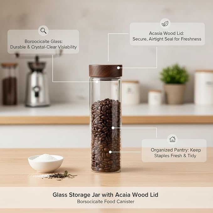 Home Organizers Glass Canister with Acacia Wood Lid, Borosilicate Jar for Coffee Tea Sugar Dry Goods Pantry Storage - Image 4