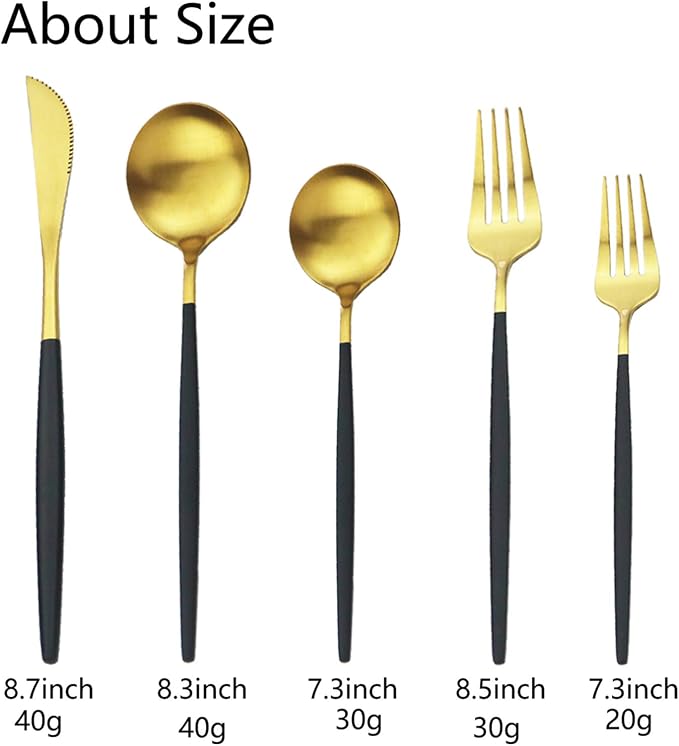 JASHII Flatware Silverware Set Stainless Steel Satin Finish Cutlery Set Service for 6, 30-Piece Spoons And Forks Kitchen Utensil Set, Dishwasher Safe (Matte Black handle gold) - Image 3