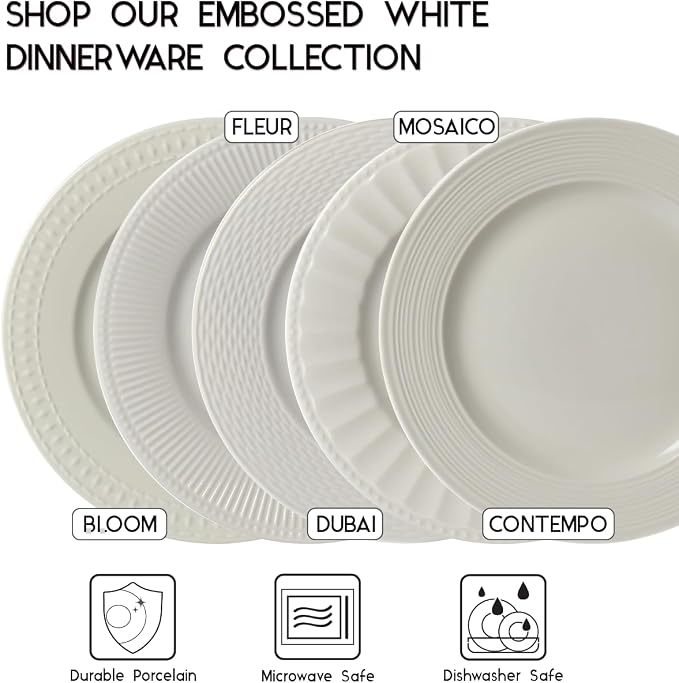 TTU Tabletops Gallery Embossed Bone White Porcelain Round Dinnerware Collection- Chip Resistant Scratch Resistant, Dubai 12 Piece Dinnerware Set (Dinner Plate, Salad Plate, Cereal Bowl) - Image 5