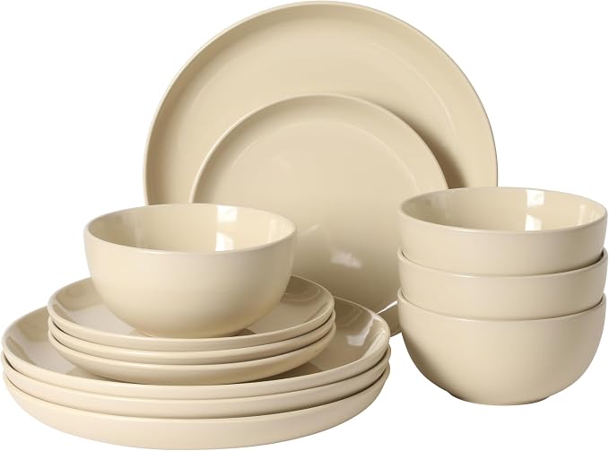Gibson Home Rockaway 12 Piece Plates and Bowls Matte Glaze Service for 4 Dinnerware Set - Warm Cream - Dishwasher and Microwave Safe by GibsonHomewares