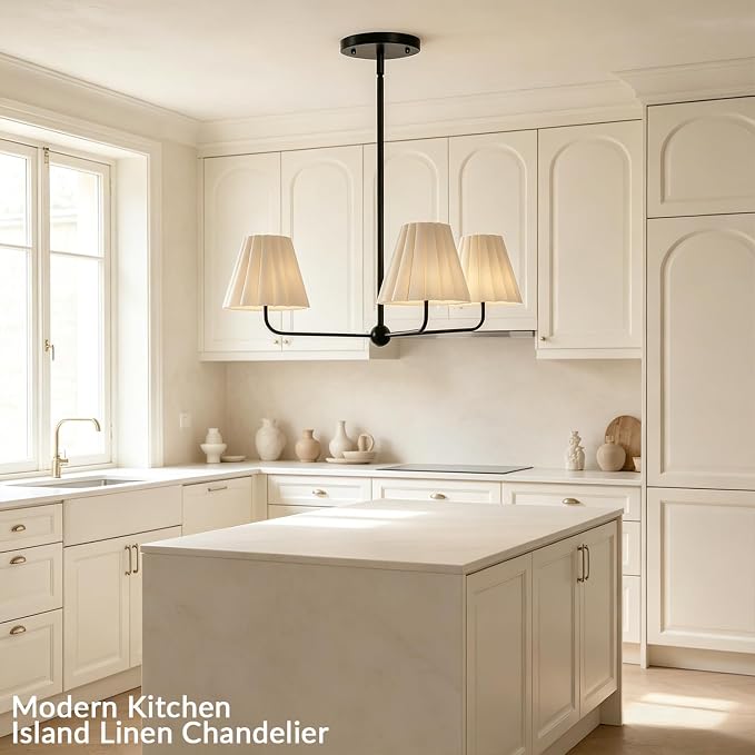 Mid-Century Modern Chandelier - 3-Light Kitchen Island & Dining Room Pendant with Matte Black Frame, Natural Conical Ivory Pleated Linen Shades, 120° Equal Arms - Image 2
