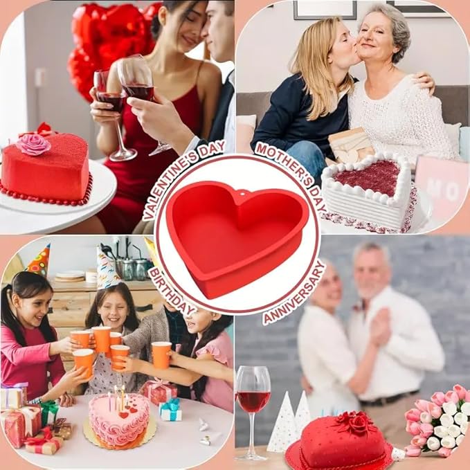3 PCS Silicone Heart Shaped Cake Pans 4 6 8 Inch Nonstick Silicone Heart Baking Mold Reusable Food Grade Mold for Baking Brownie Valentine Mother Wedding Birthday Day(Red)