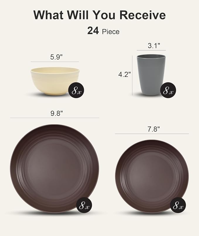 Quatish 24 Piece Plates and Bowls Sets for 6, Unbreakable Dinnerware Sets, Dish Set for Camping, Dishwasher Microwave Safe, Outdoor Kitchen and Apartment Dorm Dinning RV Essentials, Brown - Image 2