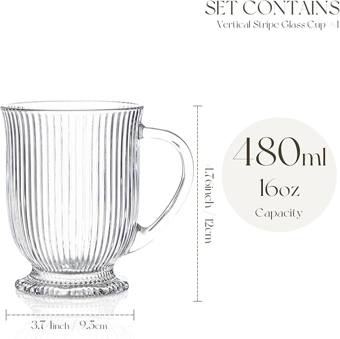 Ribbed Clear Glass Coffee Mugs Set of 4 with Spoon,16 Oz Large Glass Tea Cups with Handle Diner Latte Cups with Footed Base for Hot Beverages,Cappuccino & Espresso Cups, Stylish Drinkware