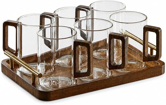 Borosilicate Glassware Set - Heat Resistant Drinking Glasses Set for Hot and Cold - for Home Use, Transparent wooden handle cups (460ML)*6 + tray (with handle) by Unknown