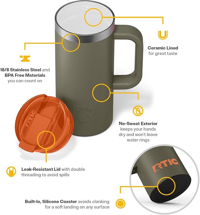 RTIC 16oz Road Trip Travel Mug with Lid and Handle, Ceramic Lined, Insulated, Stainless Steel, Metal, Double Wall Vacuum-Insulation, Portable Coffee, Tea Cup for Hot and Cold Drink, Trailblazer - Image 4