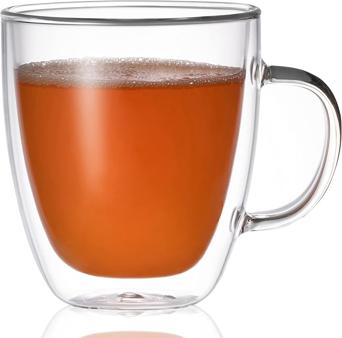 Double Wall Glass Coffee Mug - 19 Ounce (560 ml) Insulated Clear Latte Cup with Handle, Great for Espresso Cappuccino and Juice
