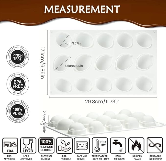 Lemons Shape Silicone Chocolate Mold for Baking Mousse Cake, 3D Silicone Baking Mold for Pastry Candy Cake Decoration (15-Cavity)