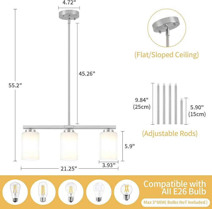 Brushed Nickel Kitchen Island Lighting Modern Dining Room Light Fixtures | 3-Light Linear Chandelier Over Table, 21.25'' Island Lights for Kitchen White Frosted Glass Shades, Adjustable Height - Image 6