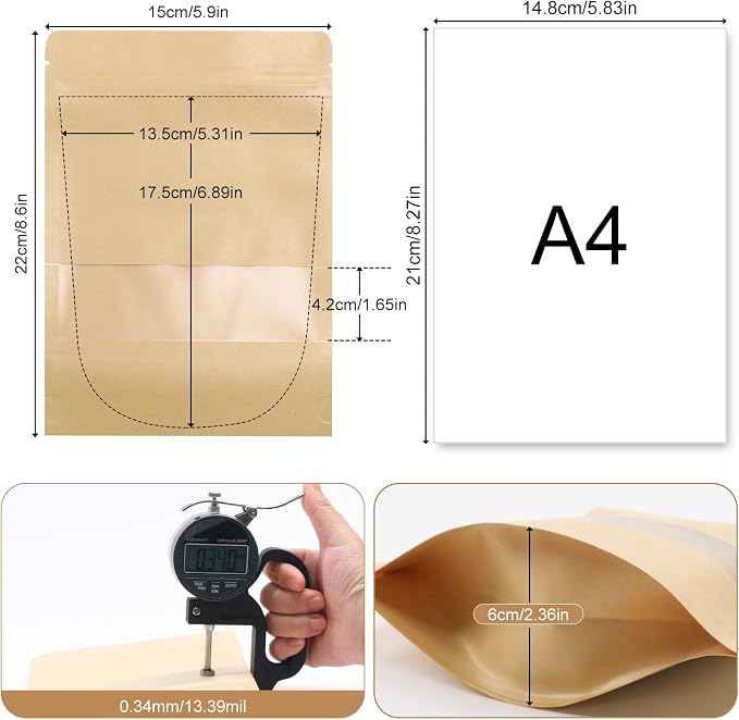 SumDirect Kraft Stand Up Pouches - 50Pcs Resealable Kraft Paper Stand Up Bags with Window, Zipper Disposable Food Storage Bags for Home or Business (50, 6x8.6inch) - Image 2