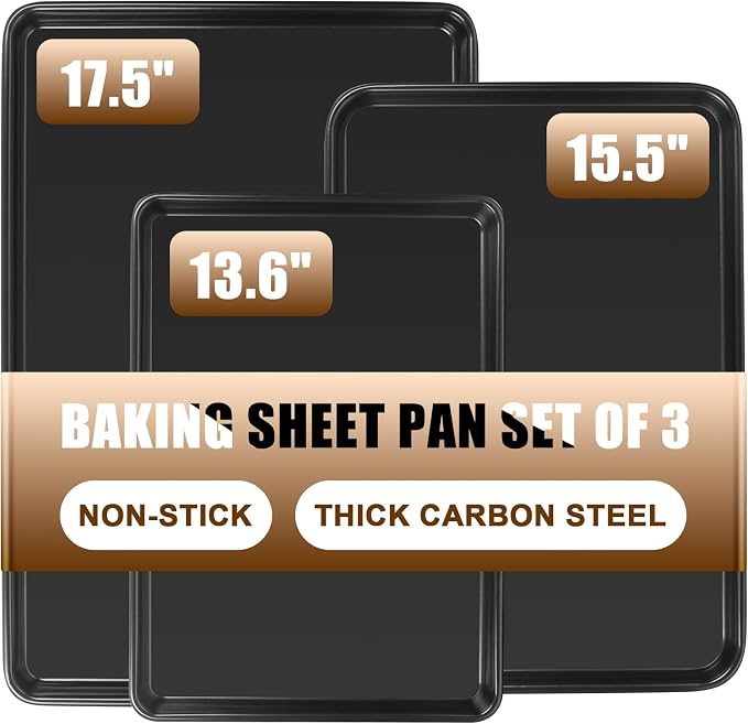 Baking Sheet Pan Set of 3, Nonstick Commercial Cookie Sheets for Baking | Commercial Half/Quarter/Jelly Roll Pans Replacement Toaster Oven Tray, Heavy Duty & Easy Clean by Deedro