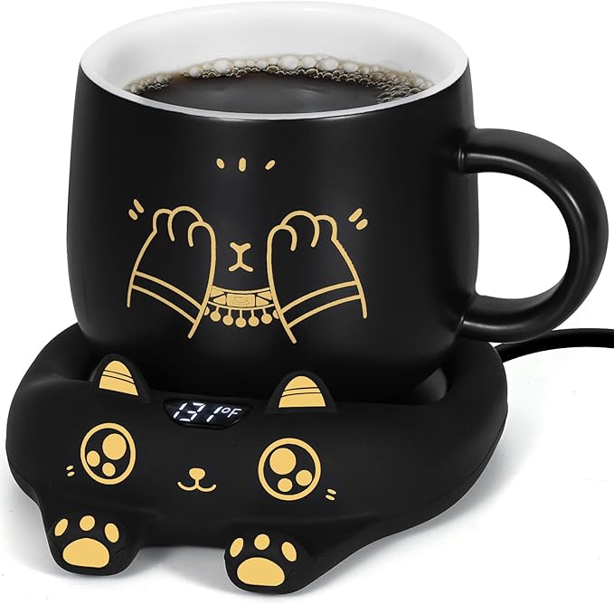 PUSEE Coffee Mug Warmer & Cute Cat Mug Set, Coffee Cup Warmer for Desk with Auto Shut Off, Beverage Warmer with 3 Temp Settings, Candle Warmer Coffee Warmer with Mug Set for Christmas & Birthday Gifts by PUSEE