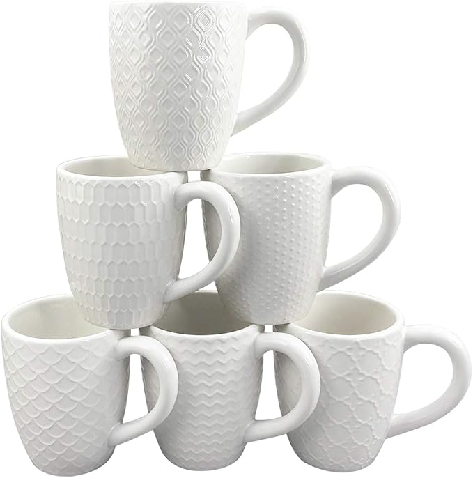 Schliersee 12 OZ White Ceramic Coffee Mugs Set of 6, Stylish Embossed Coffee Cups Set for Coffee, Tea, Milk, Cocoa, Cereal by Schliersee