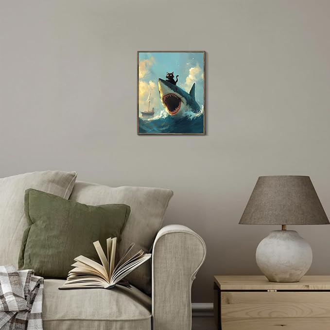 XOCUUI Cat Riding Shark Canvas Funny Cat Canvas Animal Decor Funny Shark Picture Coastal Theme Artwork Animal Prints Abstract Fish Picture Black cat Painting For Lover 8x10 - Unframed - Image 4
