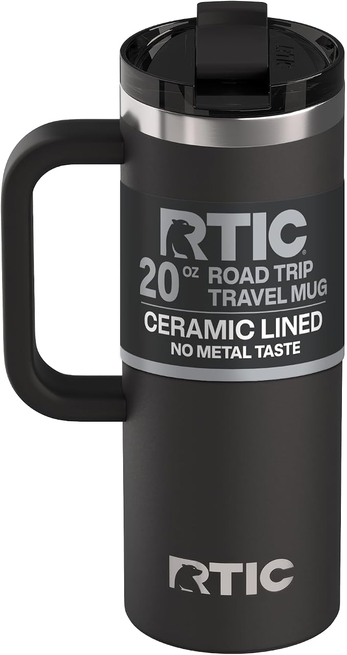 RTIC 20oz Road Trip Travel Mug with Lid and Handle, Ceramic Lined, Black | Stainless Steel Metal, Insulated Travel Cup for Hot and Cold Drinks, Coffee, Car, Camping and Travel by RTIC