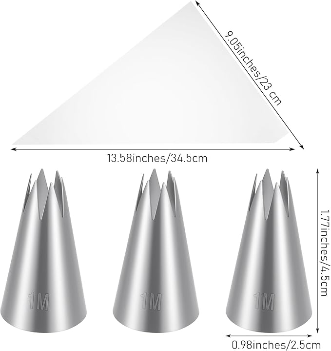 3Pcs 1M Piping Tips, Pastry Bags and Tips Cake Decorating Kit Cupcake Piping Kit Stainless Steel Icing Nozzles with 10Pcs Disposable Pipings Bags Cupcakes, Cookies, Pastry Cupcake Icing Kits