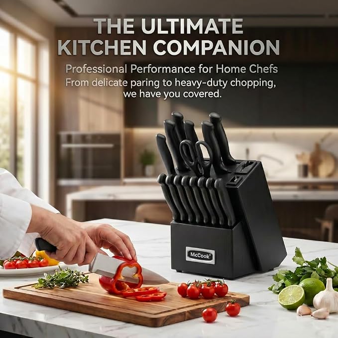 McCook® Premium Black Knife Sets,German Stainless Steel Kitchen Knives Block Set with Built-in Sharpener, 20-Piece Razor-Sharp Kitchen Knives with Ergonomic Handles, Elegant Box for Gift, Black | German Forged Stainless Steel,20 PC,Razor Sharp, Anti-Ru... - Image 6