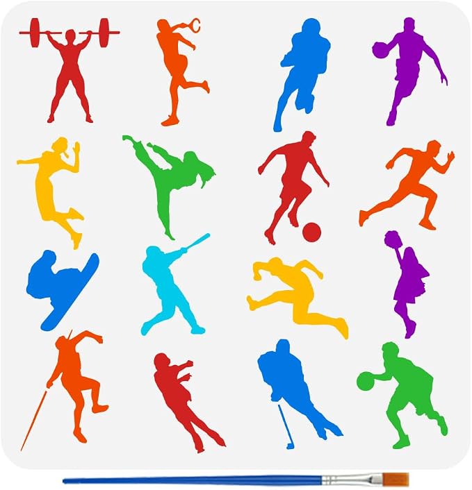 FINGERINSPIRE Athletes Silhouette Stencil for Painting with Brush 11.8x11.8inch Reusable Cheering Squad Template Hollowed Football Basketball Stencil Plastic PET Sports Theme Template for DIY Crafts by FINGERINSPIRE