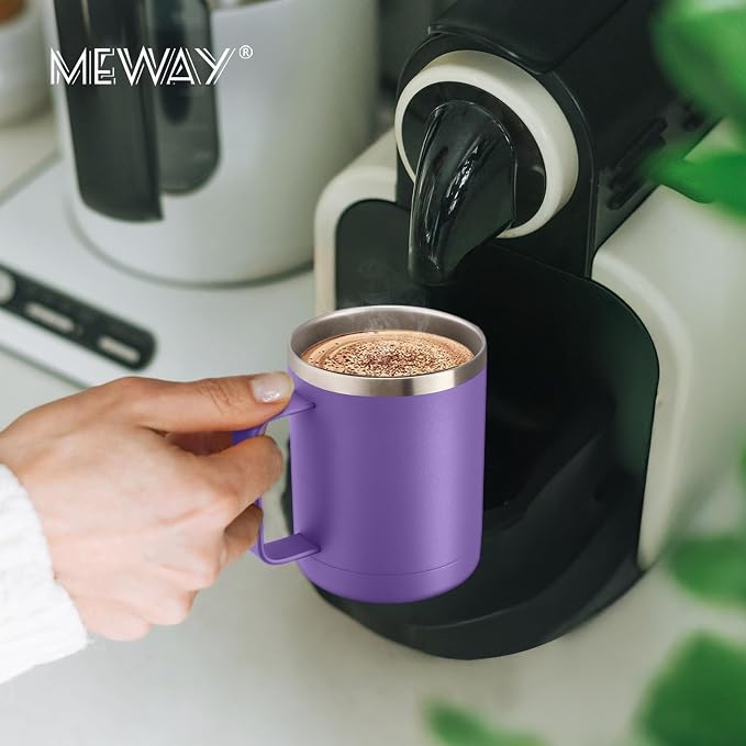 MEWAY 12oz Coffee Mug With Handle 2 Pack Bulk,Stainless Steel Insulated Travel Tumblers With Sliding Lid,Double Wall Vacuum Camping Cup for Hot & Cold Drinks Tea (Purple,Set of 2) - Image 6