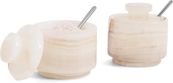Salt Cellar with Lid and Spoon 3" Inch White Onyx Salt and Pepper Dish, Marble Sugar and Salt Bowls, Ideal for Easter Table Decor and Kitchen Countertop Storage by MarblousKrafts