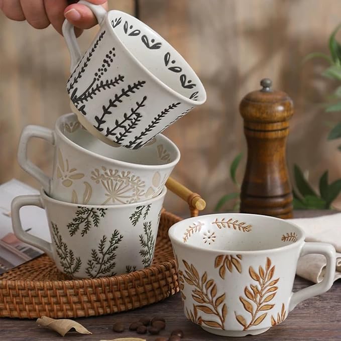 Ceramic Mug Set of 4, 11oz - Vintage Mug Cups for Coffee Milk Latte Cappuccino Tea, Porcelain Coffee Cups Set Gifts for Women Man, Farmhouse Handmade Stoneware Cups Dishwasher Microwave Safe by Tvvtuww