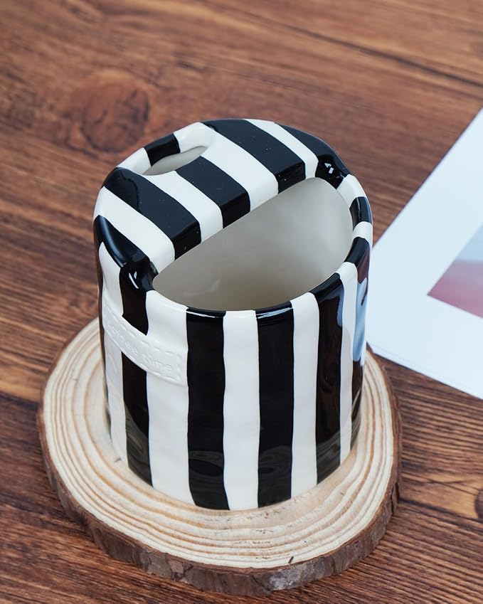 Coffee Mug Espresso Cup 10oz Ceramic Coffee Mugs Porcelain Coffee Cup Hand-Painted Striped Art Multiple Use for Kitchen, Dining-Black - Image 5