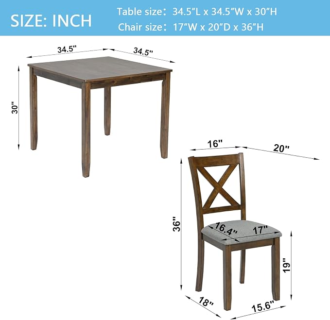 5-Piece Dining Table Set for 4, Kitchen Dining Table with 4 Soft Cushioned Solid Wood Chairs, Ideal for Home or Restaurant Use.(Walnut_Small) - Image 4