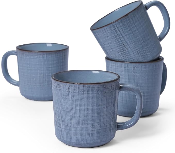 famiware Moonlight Coffee Mug Set of 4, 14oz Mug Set with Linen Finish, Coffee Cup Set with Handle for Latte, Cappuccino, Tea, Hot Cocoa, Microwave and Dishwasher Safe, Blue by Famiware