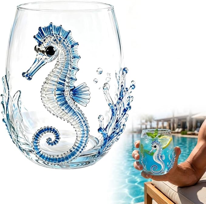 Artisanal Blue Ringed Octopus Glassware,3D Ocean Octopus Drinking Glass,Gift for Ocean Lovers (Seahorse) by Unknown