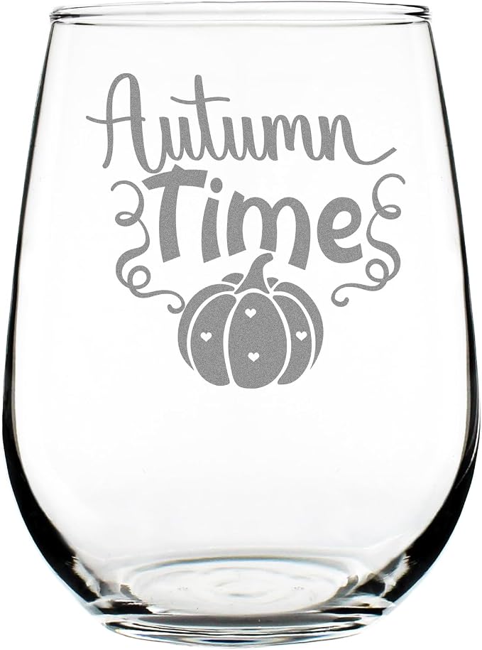 Autumn Times Stemless Wine Glass, Hand Engraved Etched Pumpkin Decor, Fall Lover, Cozy Vibes Glassware by Make+Your+Mark+Design