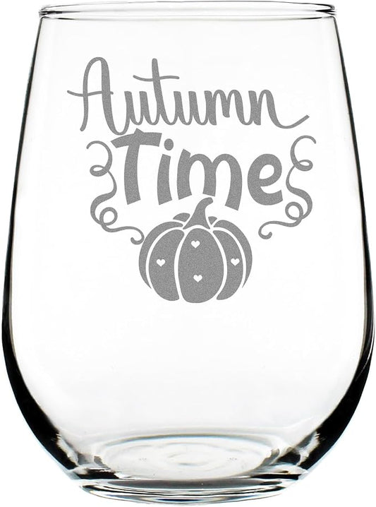 Autumn Times Stemless Wine Glass, Hand Engraved Etched Pumpkin Decor, Fall Lover, Cozy Vibes Glassware by Make+Your+Mark+Design