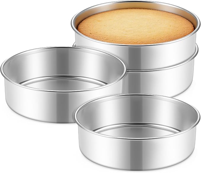 P&P CHEF 7 Inch Cake Pan Set of 4, Stainless Steel Round Cake Baking Pan | Layer Cake Tin Bakeware for Cooking Steaming, Ideal for Birthday Wedding Anniversary, Fit for Home & Commercial Use by PPCHEF