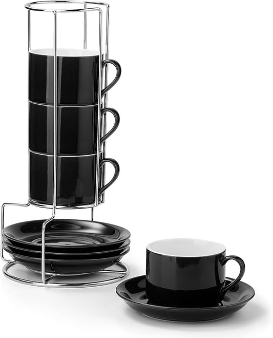 5 Ounce Black Porcelain Stackable Espresso Cups with Stainless Steel Holder, Set of 4, Durable Ceramic, Perfect for Home, Office or Gift