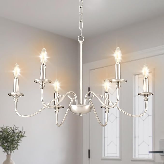 Depuley Modern Chandelier for Dining Room: 6-Light Brushed Nickel Farmhouse Hanging Ceiling Pendant Light Fixture for Kitchen Island - Industrial Vintage Candle Chandeliers for Living Room by Depuley