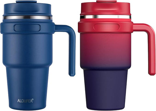 20 oz Insulated Travel Coffee Mug Tumbler with Handle and Straw | Leakproof Stainless Steel Coffee Cup with Lid, Double Wall Vacuum Ice Thermal Cup, Navy and Dark Rainbow by ALOUFEA
