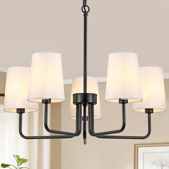 5-Light Farmhouse Chandelier with White Linen Shades | Adjustable Height 25"-76.5", Easy Install, Pendant Light for Kitchen Dining Room Foyer by kveosv