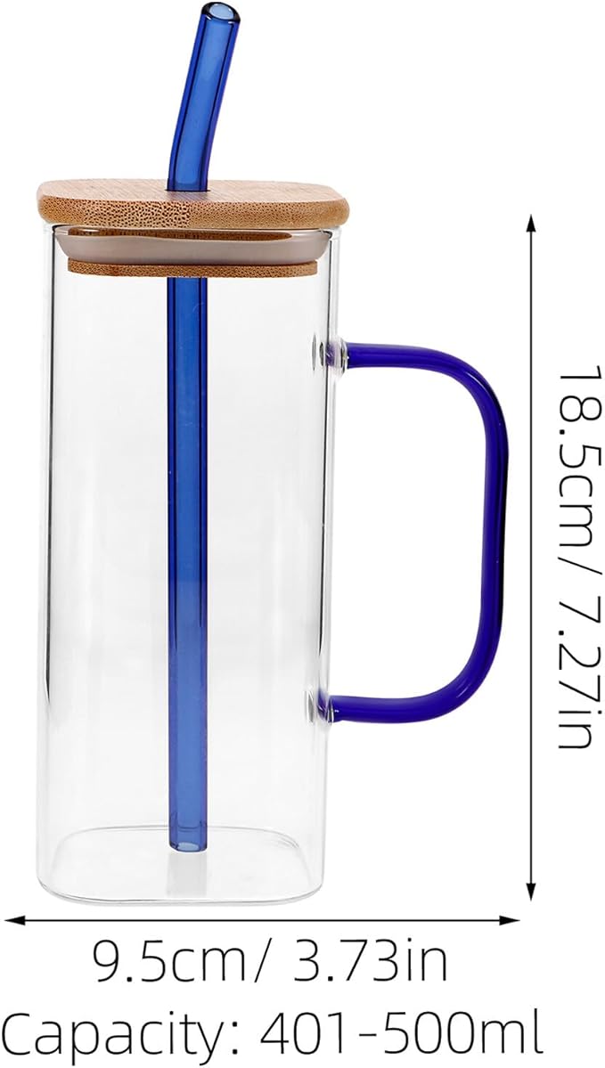 Luxshiny High Temperature Resistant Transparent Glass Cup with Lid and Straw Black Square Tumbler for Iced Coffee Juice Tea Milk Drinking Bottle with Handle for Students and Summer Use