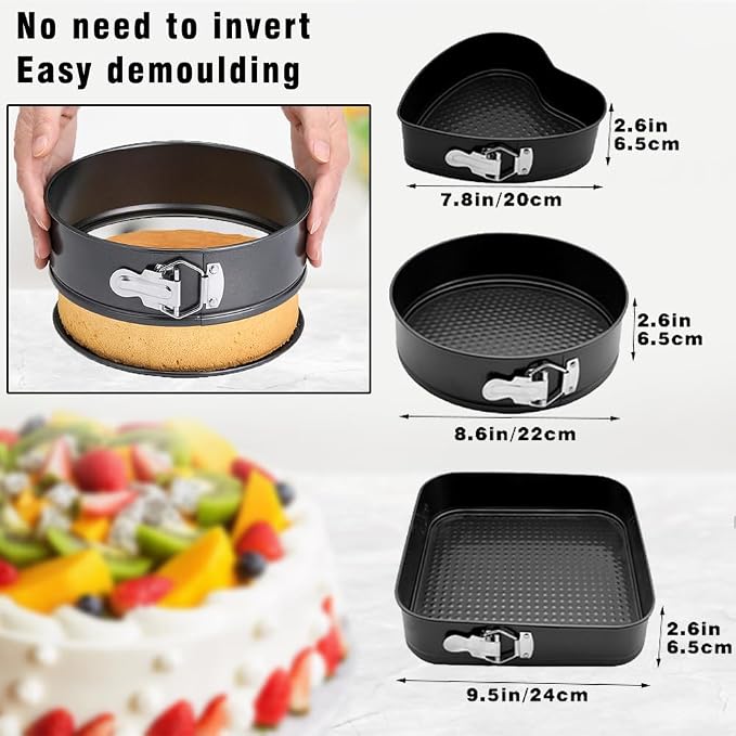 Springform Cake Pan Set of 3 (7, 8, 9 Inch) Heart Round Square Baking Pans Nonstick Cheesecake Pans with Removable Bottom Stainless Steel Bakeware for Cake, Mousse - Image 2