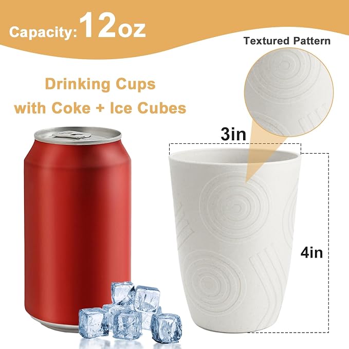 12oz Kids Cups, Wheat Straw Cups Set of 6, Unbreakable Plastic Tumblers, Plastic Drinking Glasses, Dishwasher Safe Plastic Cups for Kitchen, Camping, Party, Dorm, Drinking Cups - White - Image 2
